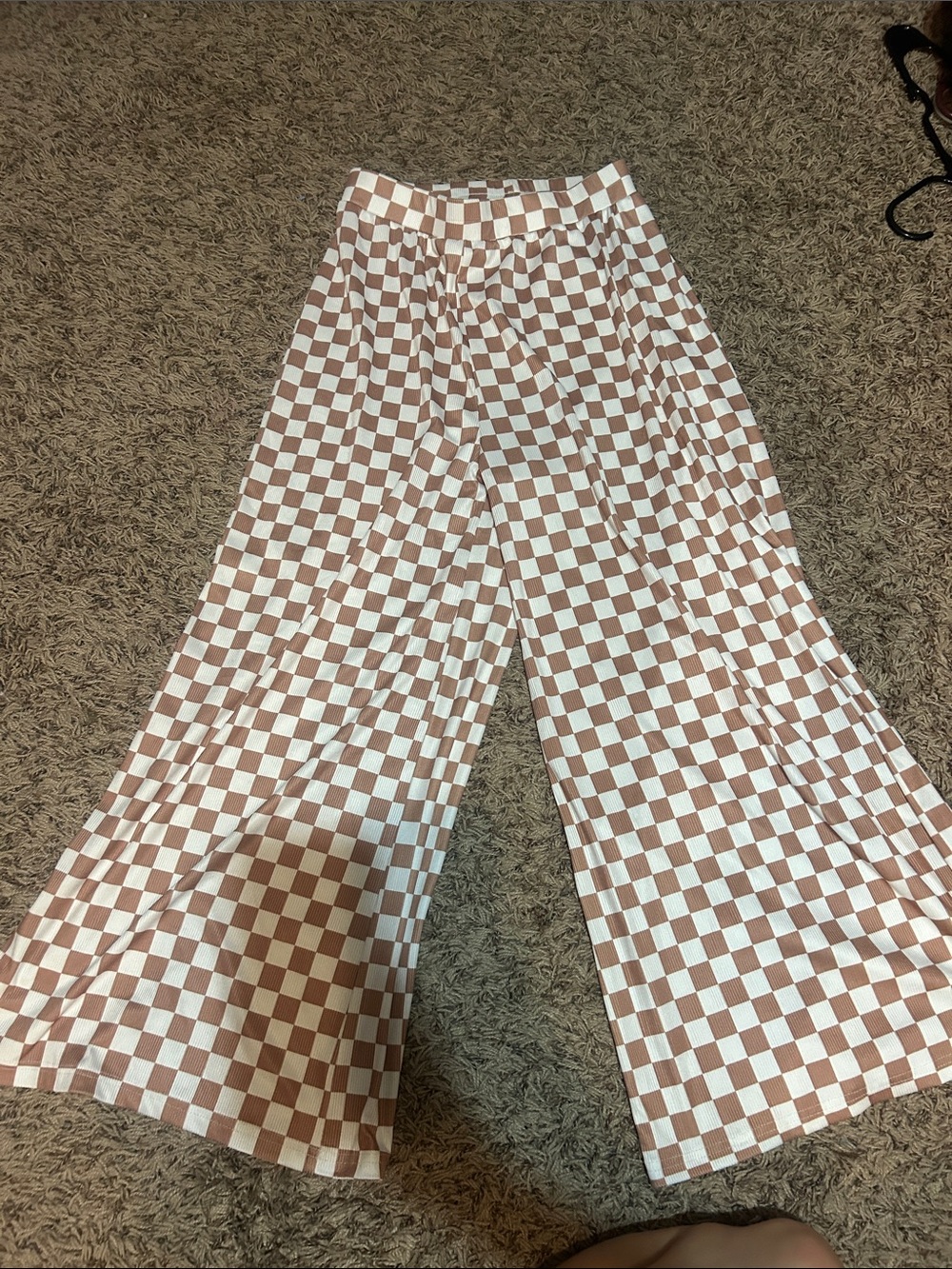 Wide Leg Checkered Pants - Brown & White